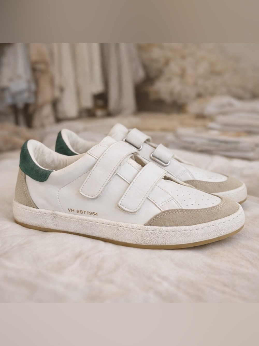 Vintage Havana Claudia White Leather Velcro Green Heel Tab Designer Sneakers 7